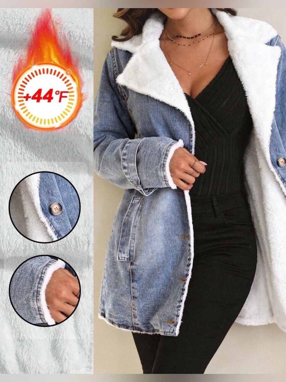 NWOT SHEIN Women's Light Blue Denim Sherpa-Lined Jacket - Size L - Picture 2 of 5